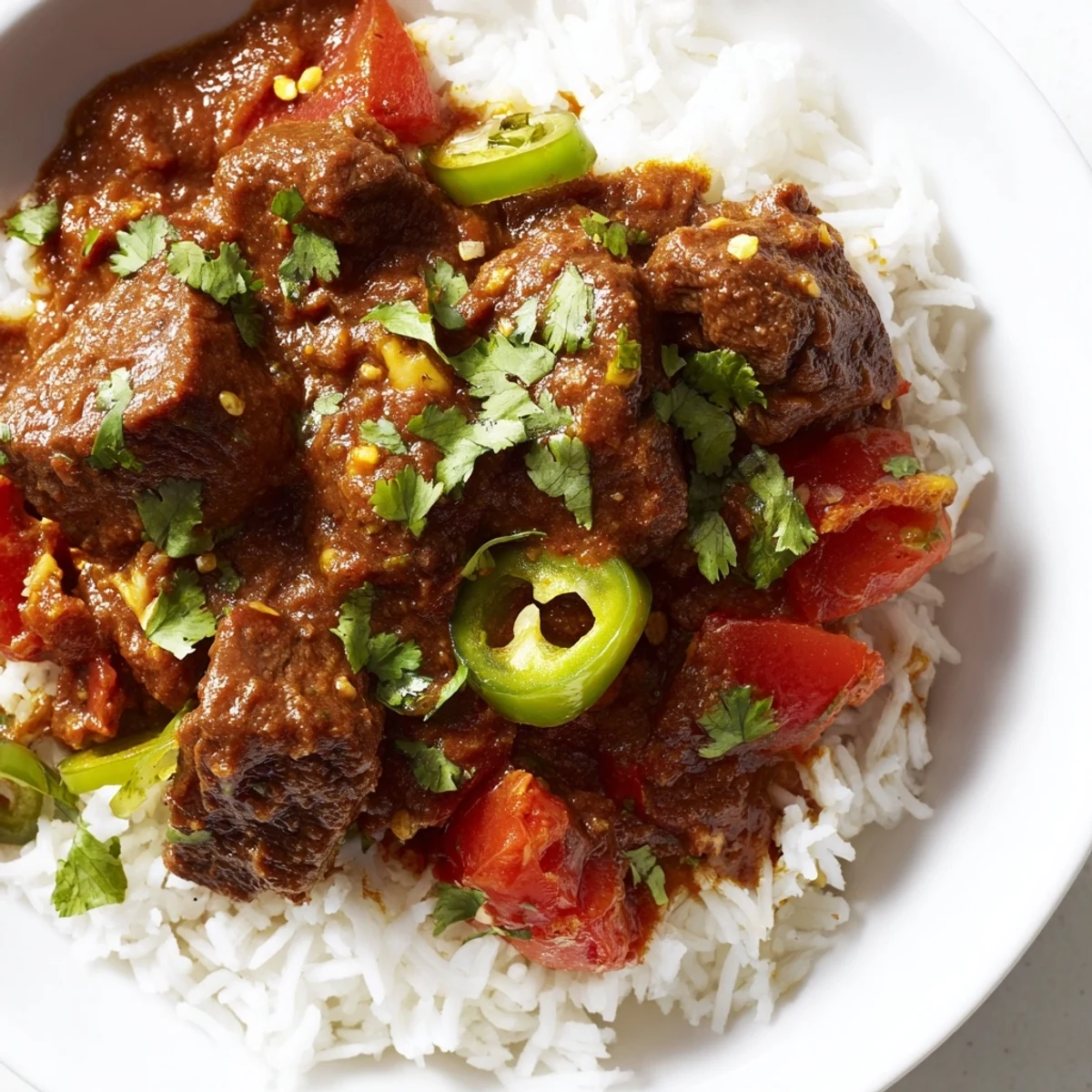 Vibrant, family-style Spicy Beef Curry with Rice served in a rustic bowl, with a side of naan and cucumber salad for a complete meal.
