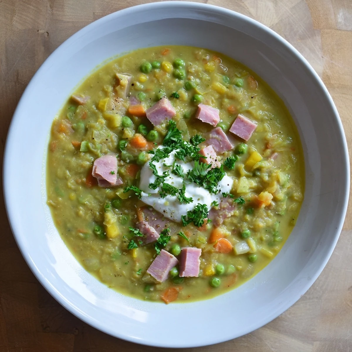 Steam rises from a pot of Spring Pea Soup with Ham and Turkey, showcasing the rich texture of puréed peas mixed with savory meat chunks.
