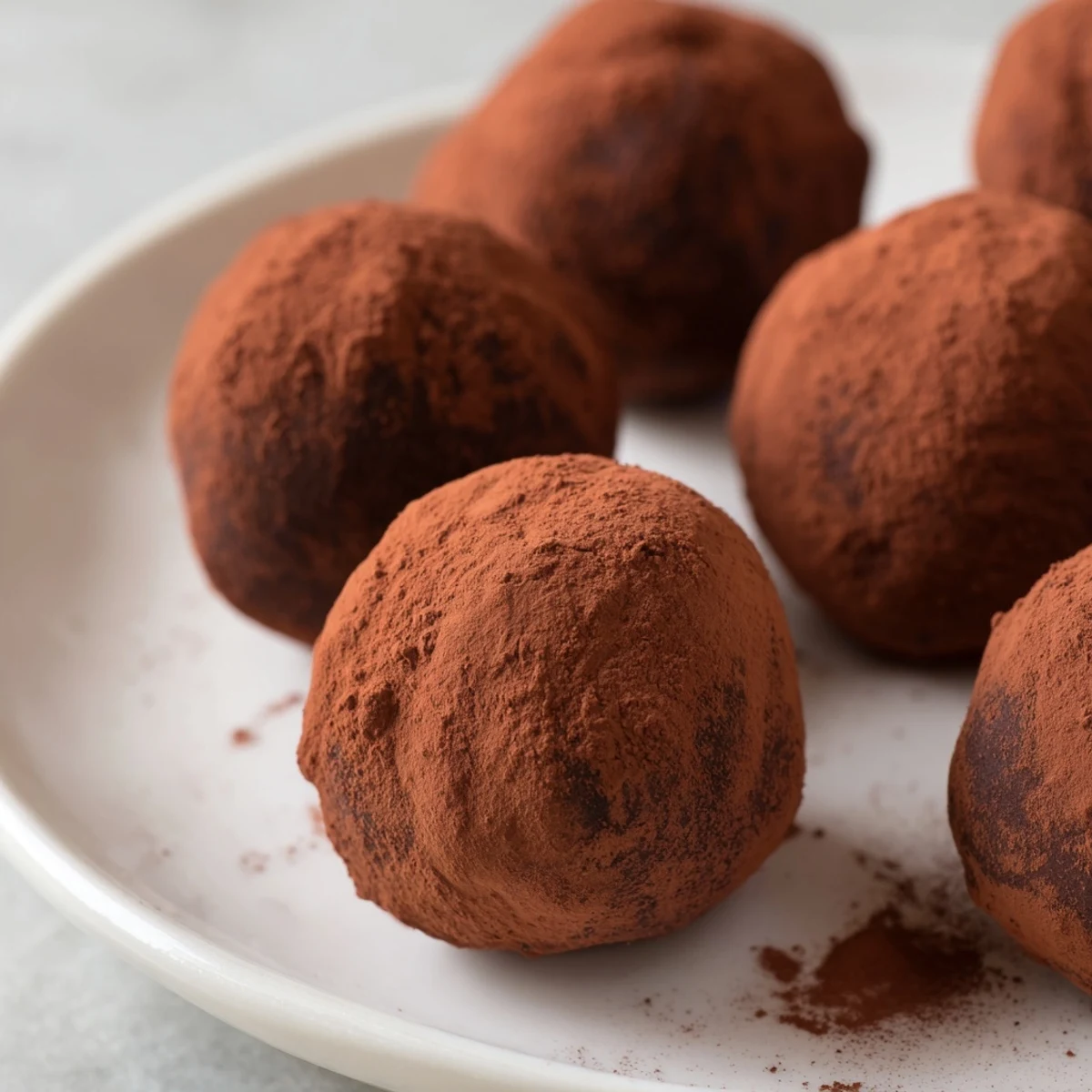 Decadent French chocolate truffles dusted with cocoa powder, arranged neatly on parchment for a homemade treat.  