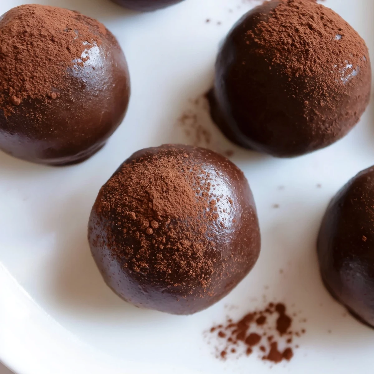 Dark chocolate truffles rolled in cocoa powder, showcasing a melt-in-your-mouth ganache center on a marble countertop.  