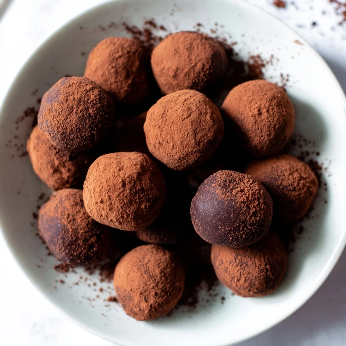 Rich chocolate truffles in cocoa powder, ready to serve on a dessert plate or gift box.