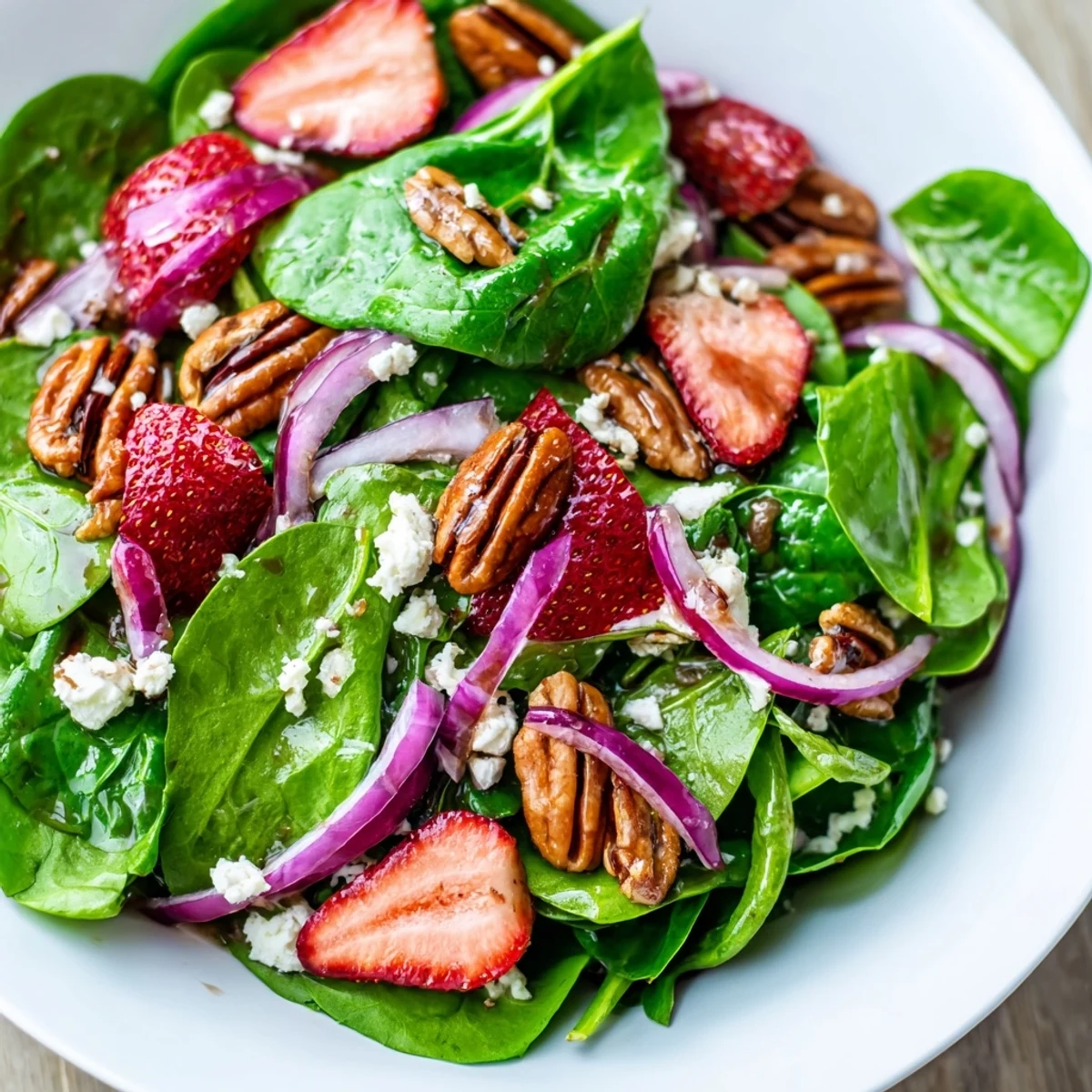 Fresh baby spinach and sliced strawberries topped with toasted pecans and crumbled feta in a vibrant salad.