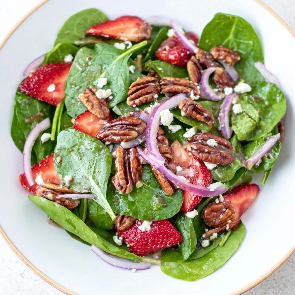 A close-up of a refreshing Strawberry Spinach Salad with Pecans dressed in tangy balsamic vinaigrette.