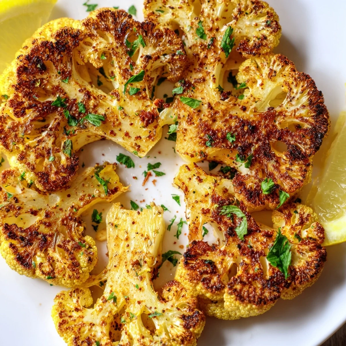Golden roasted cauliflower steaks, seasoned with smoked paprika and garlic, rest on a white plate next to lemon wedges and fresh parsley.  