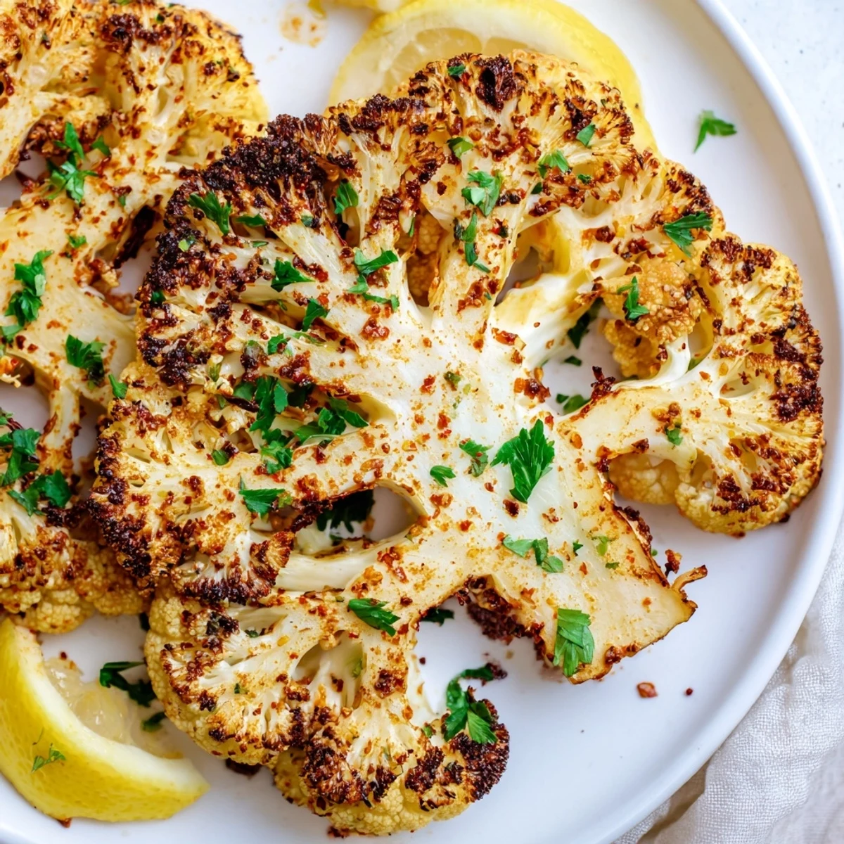 Thick slices of cauliflower, brushed with spiced olive oil, roast to tender perfection with a crispy, golden-brown char.  