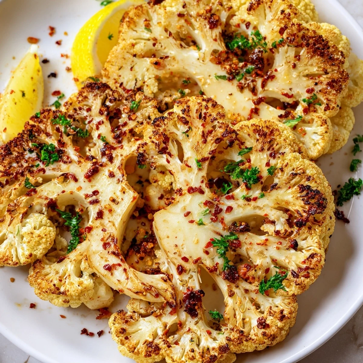 Hearty vegetarian roasted cauliflower steaks garnished with parsley, served as a main dish over a bed of fluffy quinoa.