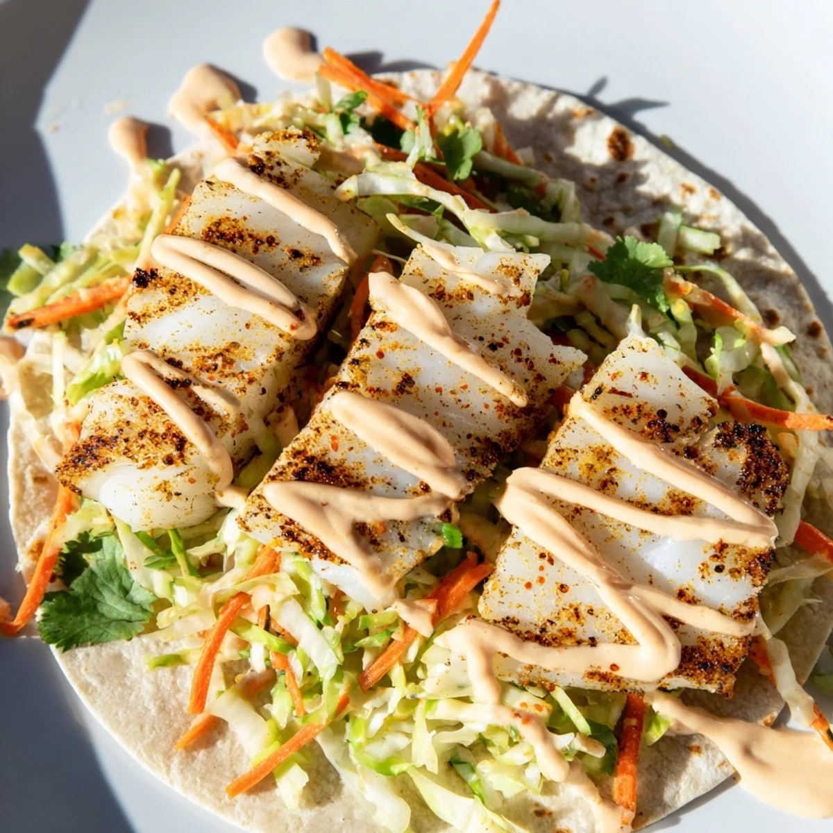 Golden-brown Cajun Blackened Fish Tacos stacked on a plate, flanked by lime wedges and a drizzle of creamy crema.