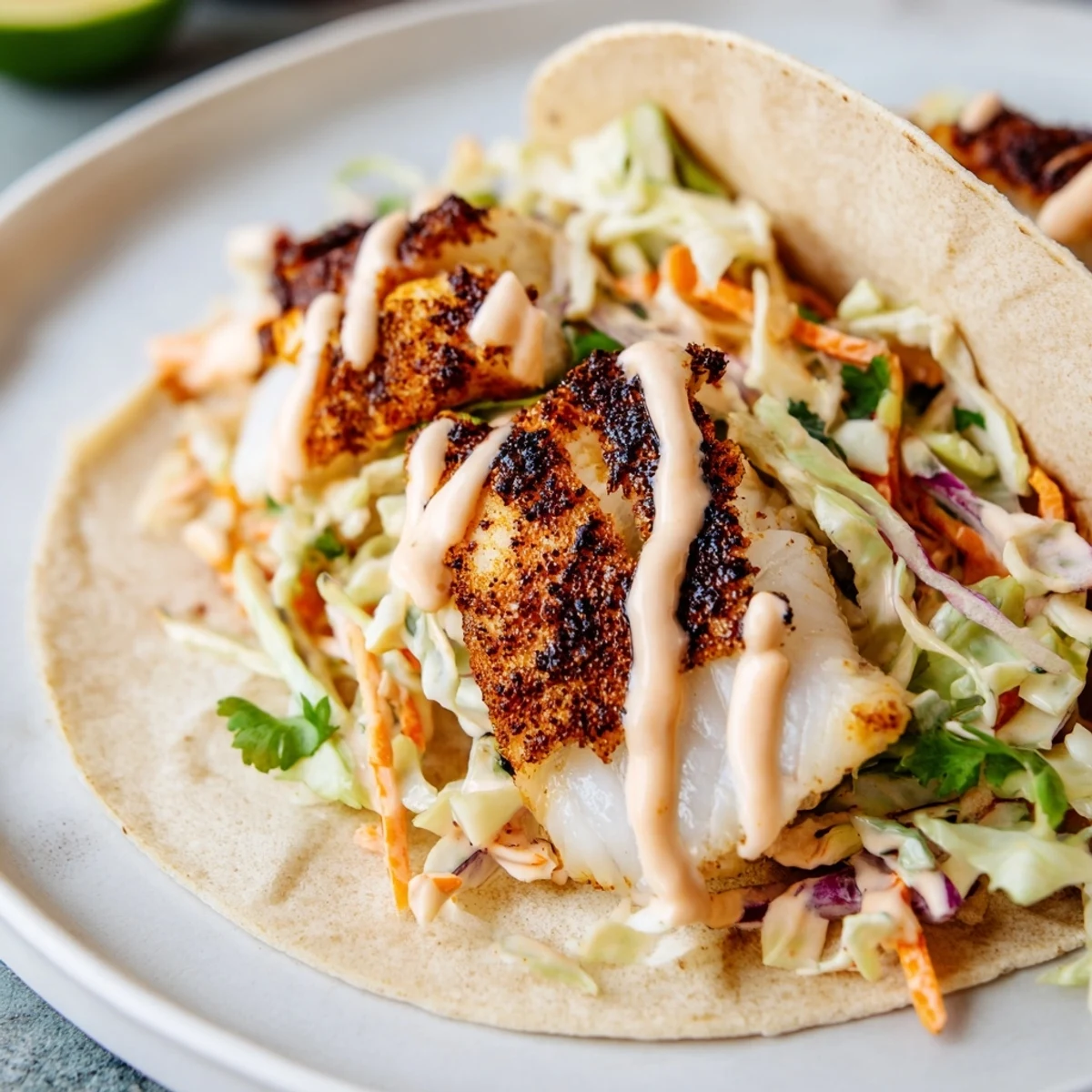 Warm Cajun Blackened Fish Tacos topped with fresh cilantro, served beside a bowl of extra smoky crema.