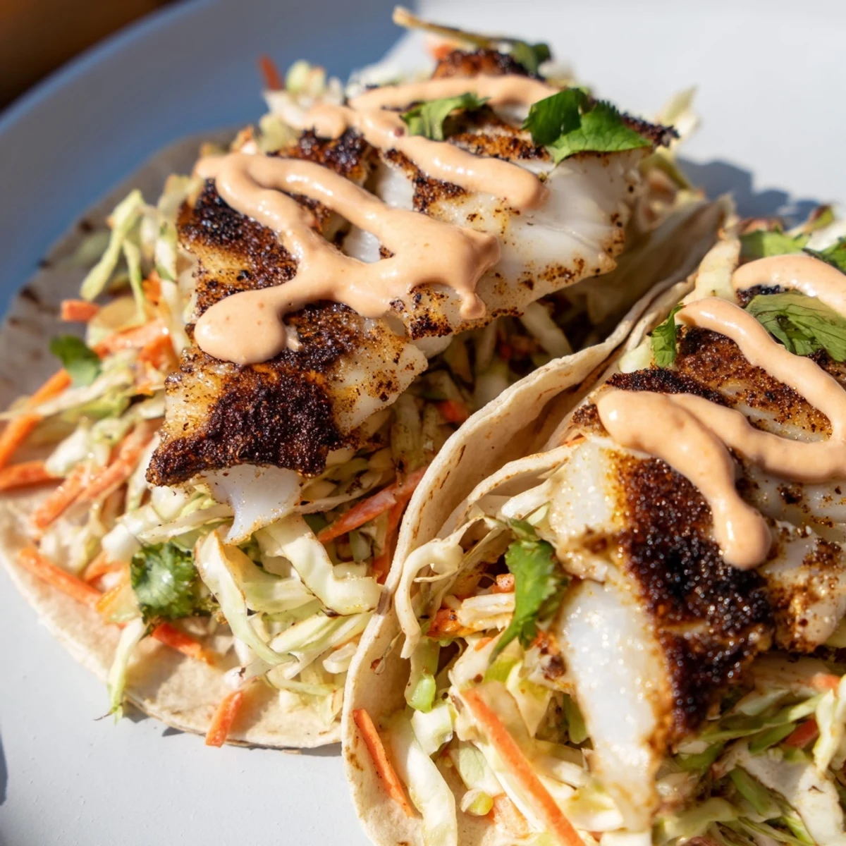 Spicy Cajun Blackened Fish Tacos filled with crisp slaw, flaky white fish, and a zesty lime crema sauce.
