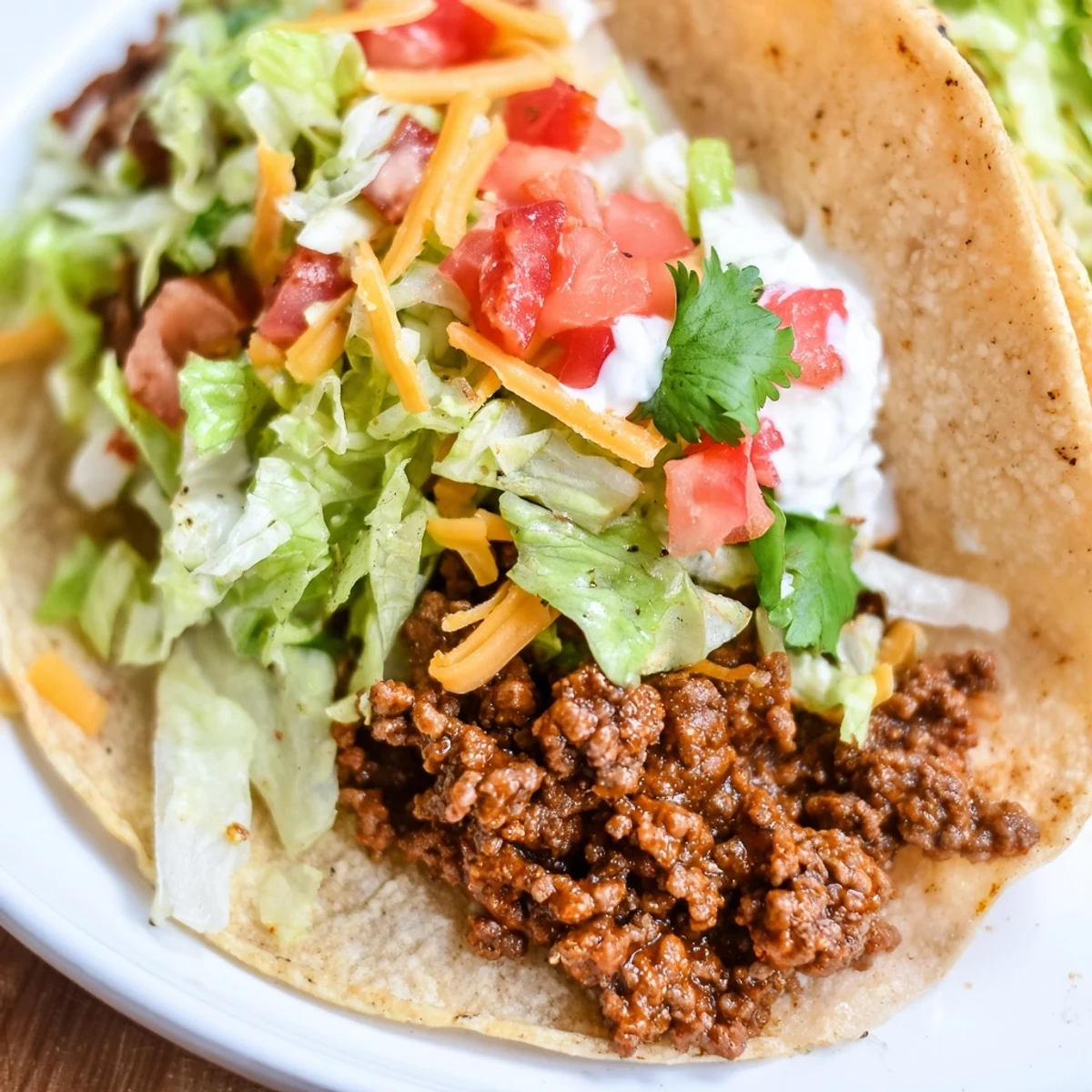 Savory ground beef with homemade taco seasoning fills warm corn tortillas, topped with fresh lettuce, cheese, and a dollop of sour cream in this Beef Tacos with Homemade Taco Seasoning.
