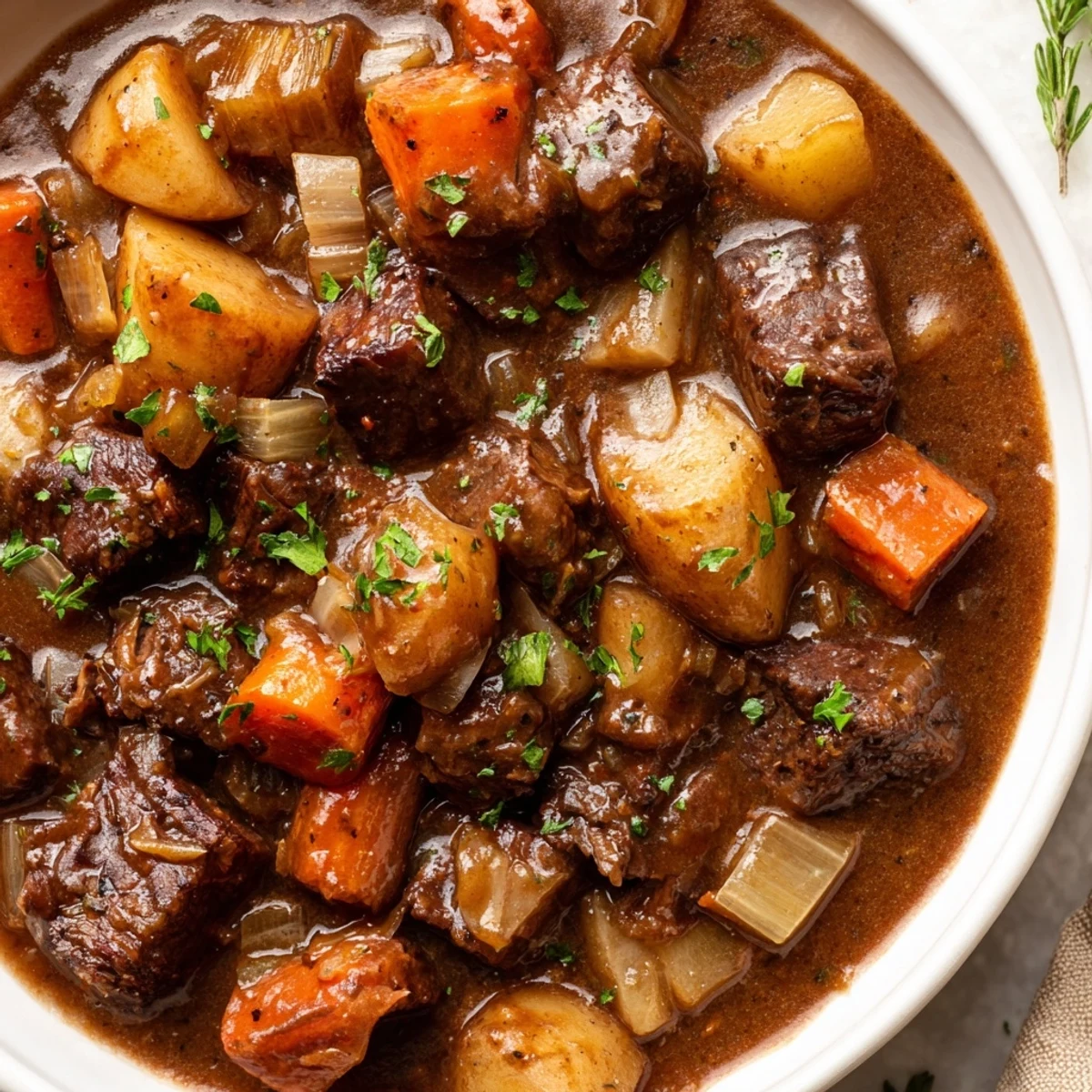 A steaming bowl of Slow Cooker Beef Stew with Root Vegetables, featuring tender beef and carrots in a rich, savory broth, ready to serve.