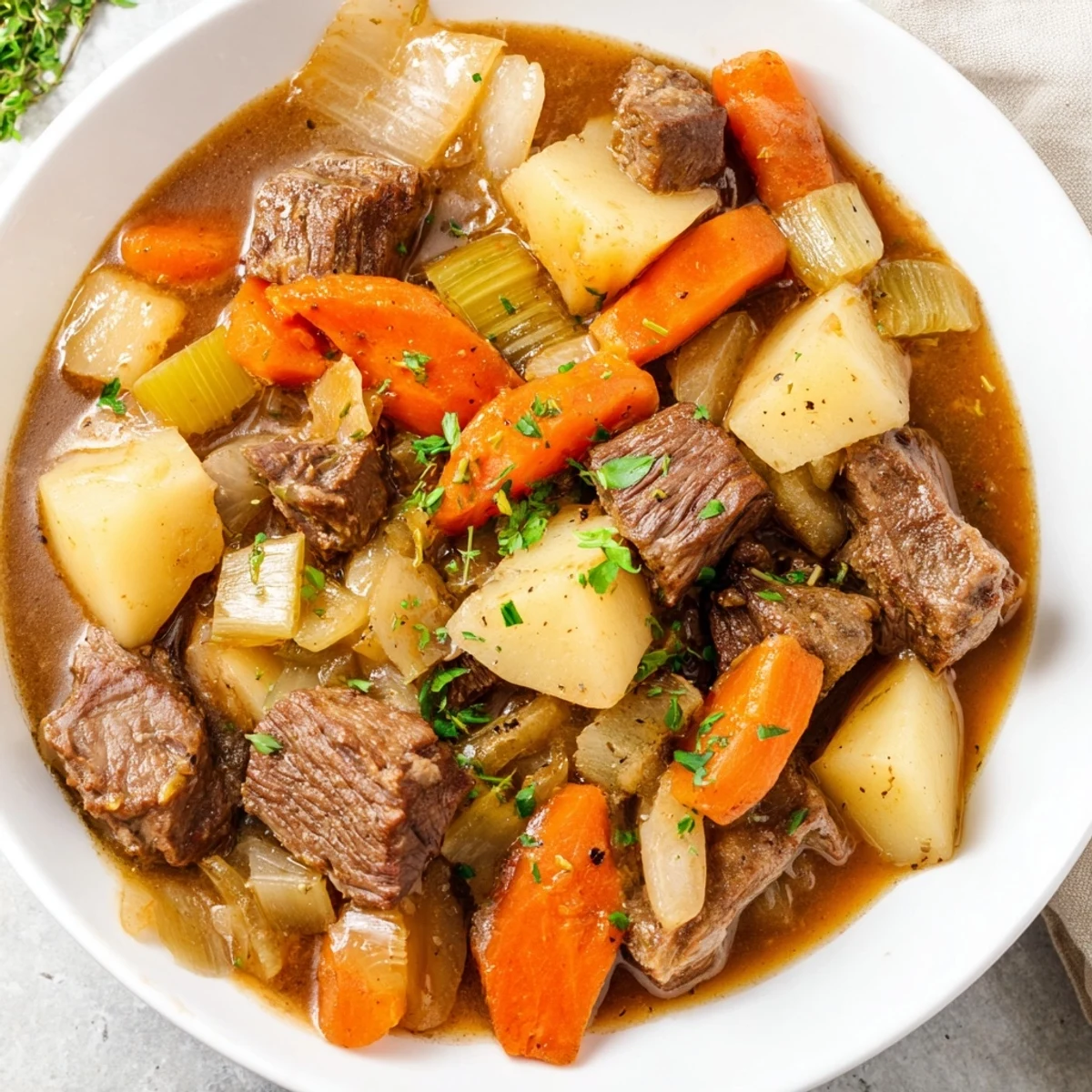 A close-up view of Slow Cooker Beef Stew with Root Vegetables, highlighting the deep red broth and parsnips beside golden potatoes.