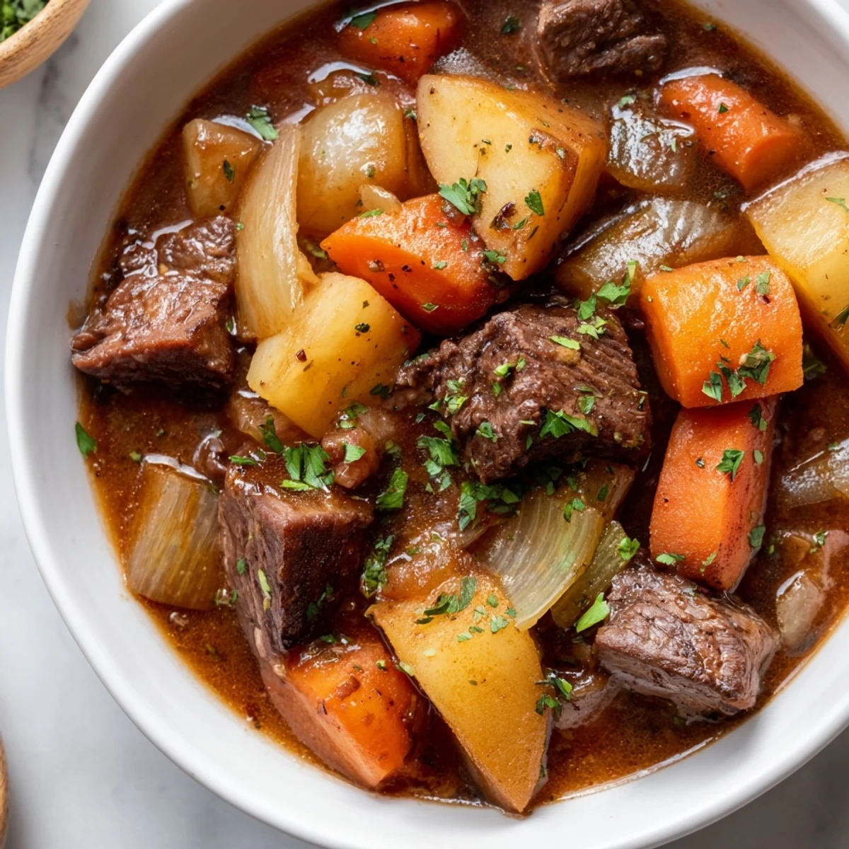 Hearty Slow Cooker Beef Stew with Root Vegetables served in a rustic bowl, garnished with fresh parsley and paired with crusty bread.