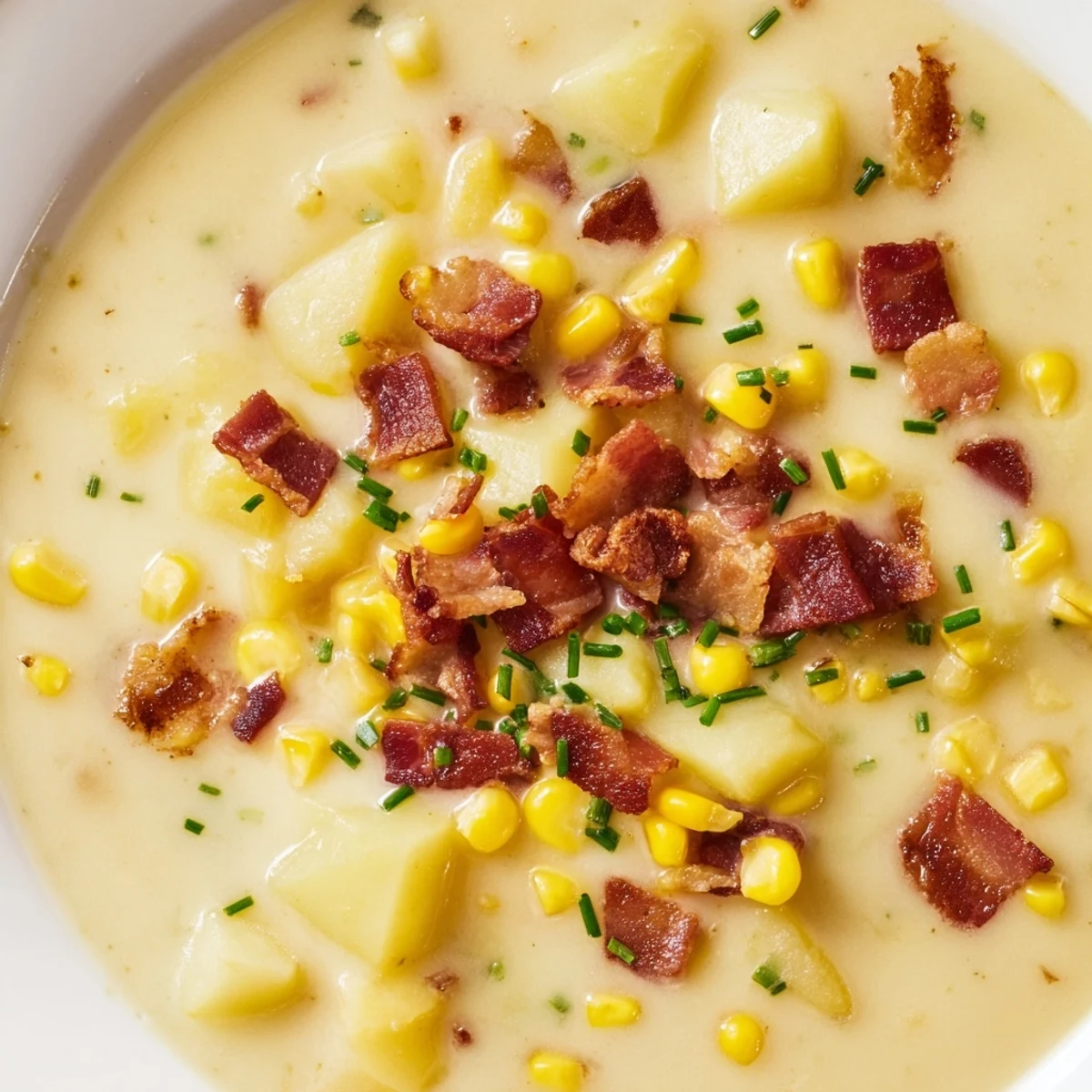 A bowl of creamy corn chowder with turkey bacon, garnished with fresh chives and a drizzle of cream.