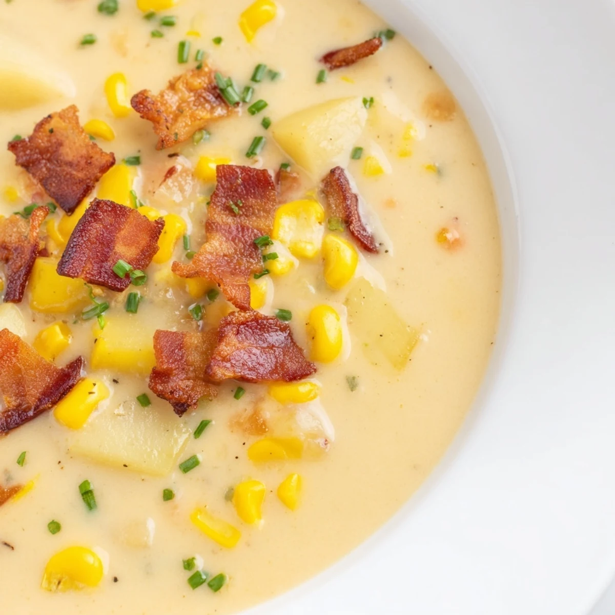 Warm creamy corn chowder served in a rustic bowl, topped with crumbled crispy turkey bacon pieces.