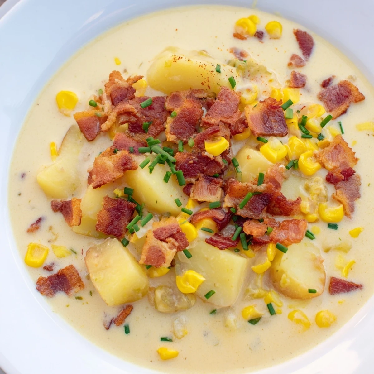Close-up of a ladle pouring creamy corn chowder with turkey bacon into a white soup bowl.