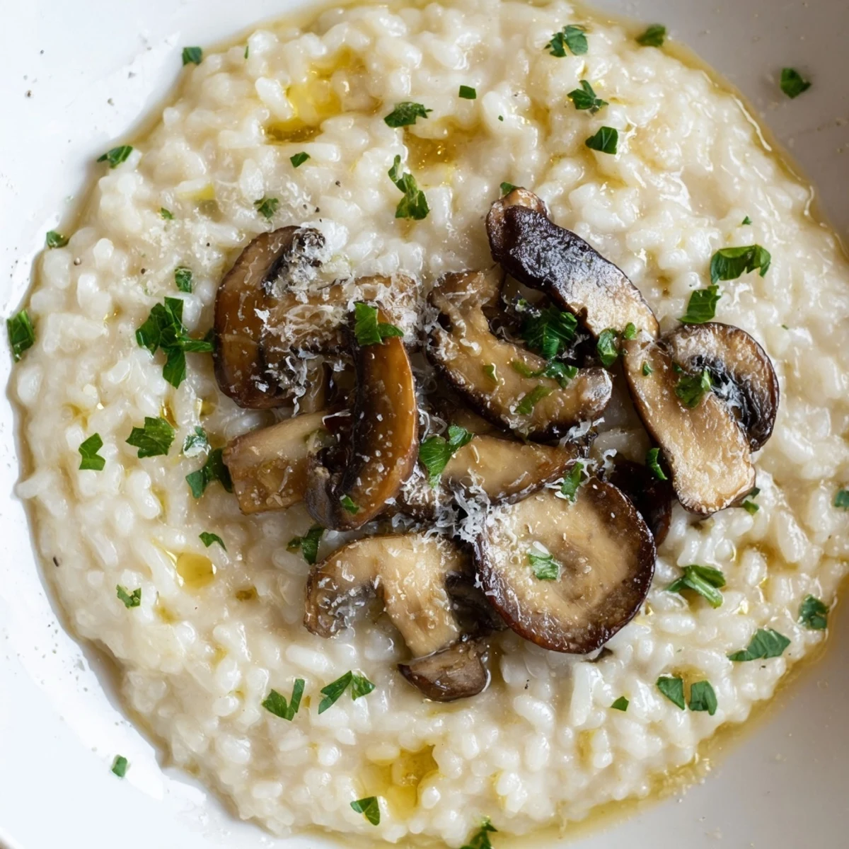 A close-up of creamy mushroom risotto with truffle oil, topped with fresh parsley in a white bowl, ready to serve.