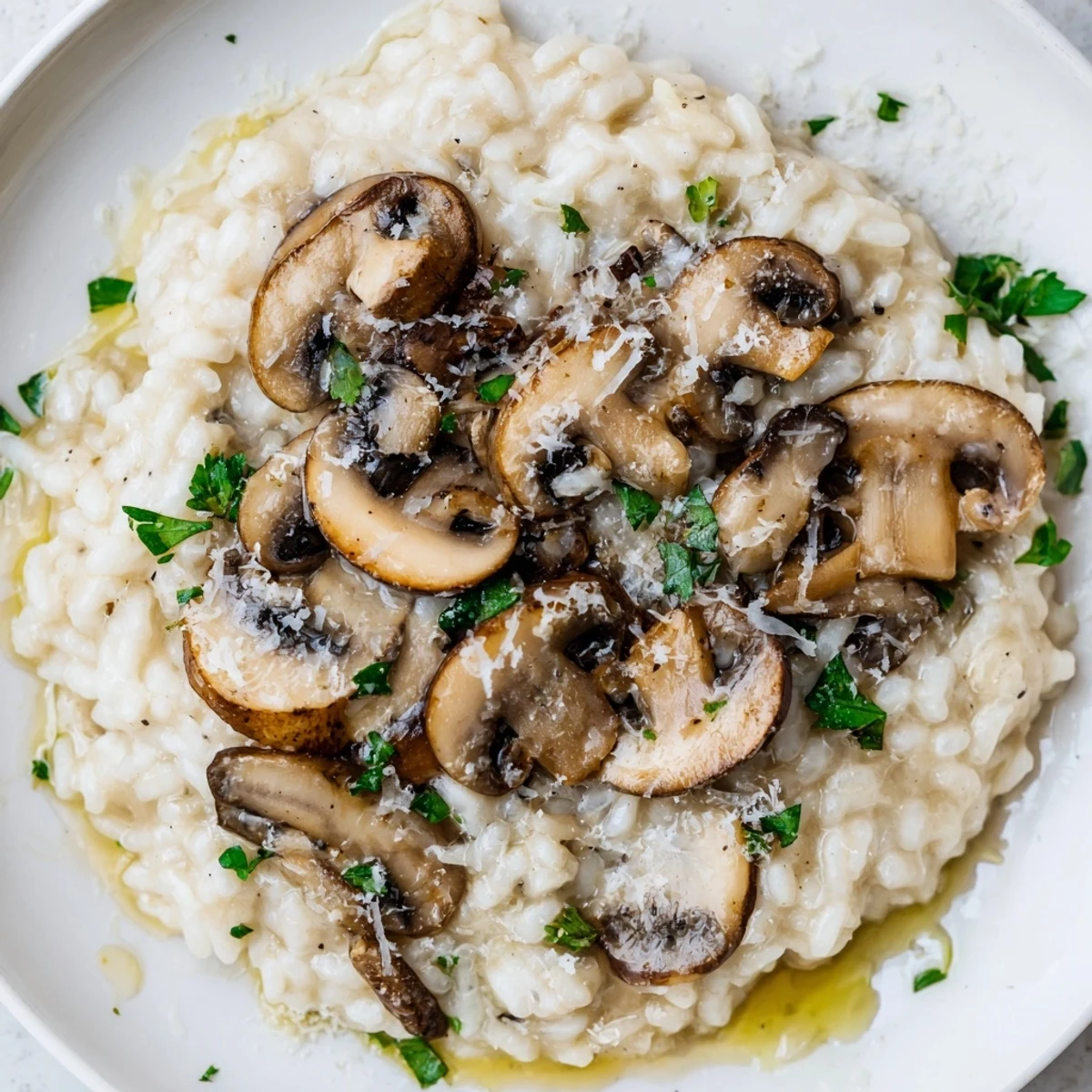 This vibrant bowl of mushroom risotto with truffle oil features sautéed mushrooms and Parmesan, garnished beautifully for a restaurant-quality dish.