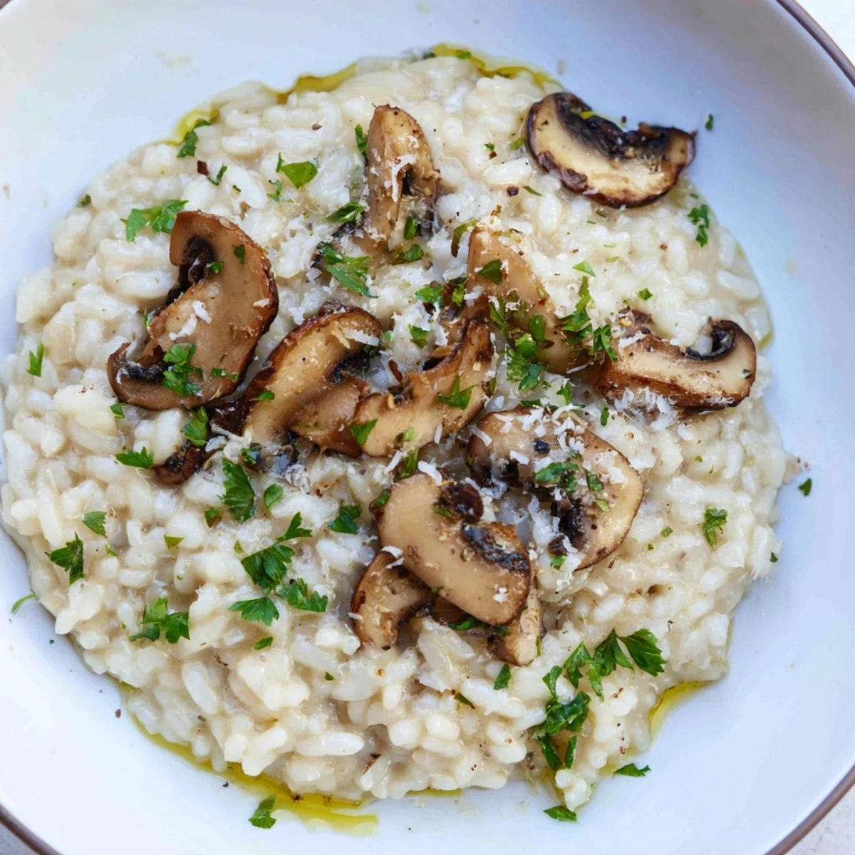 Rich and savory mushroom risotto with truffle oil steams in a ceramic bowl, garnished with parsley and ready for a cozy dinner.