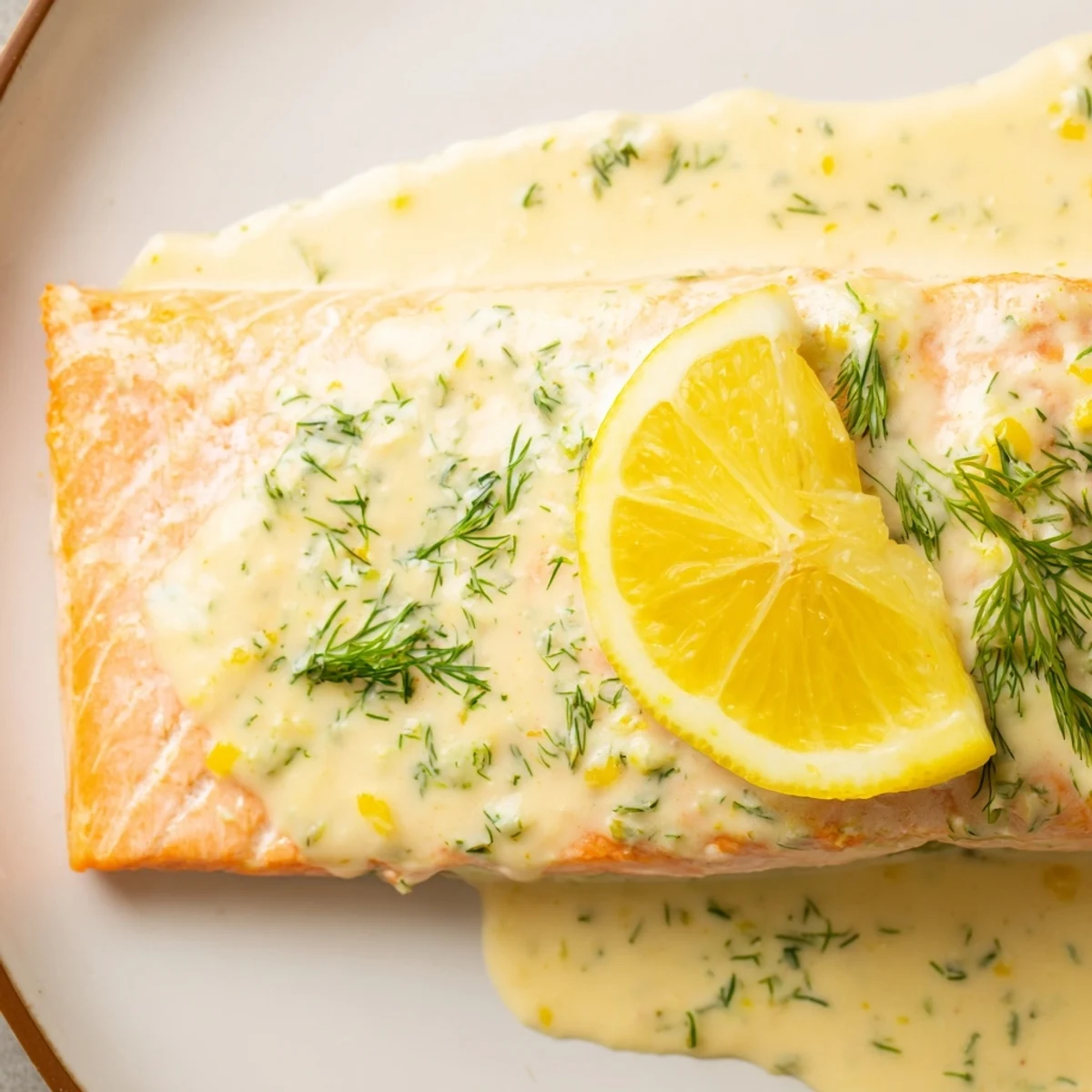 Flaky baked salmon fillets topped with creamy dill and lemon sauce on a plate with asparagus.