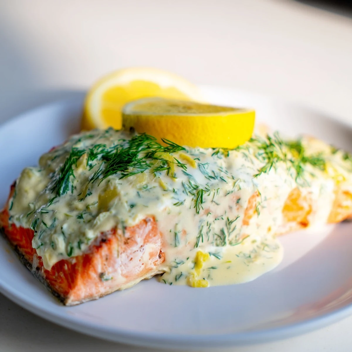 Baked Salmon with Dill and Lemon Sauce glistens with herbs and lemon slices beside roasted potatoes.