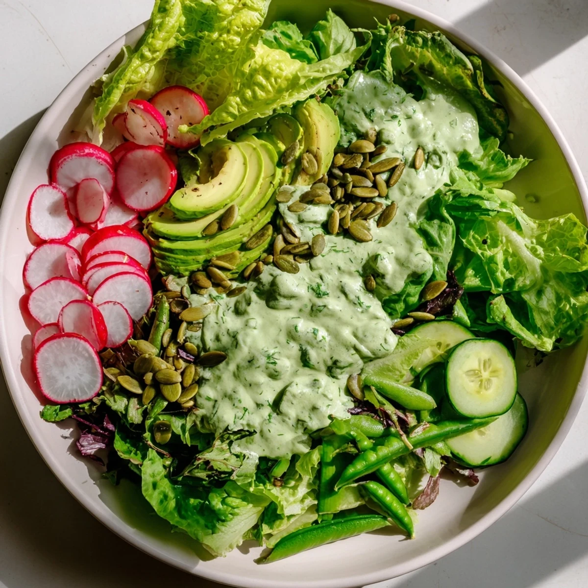Fresh, vibrant Green Salad with Green Goddess Dressing topped with creamy avocado slices and crunchy pumpkin seeds.