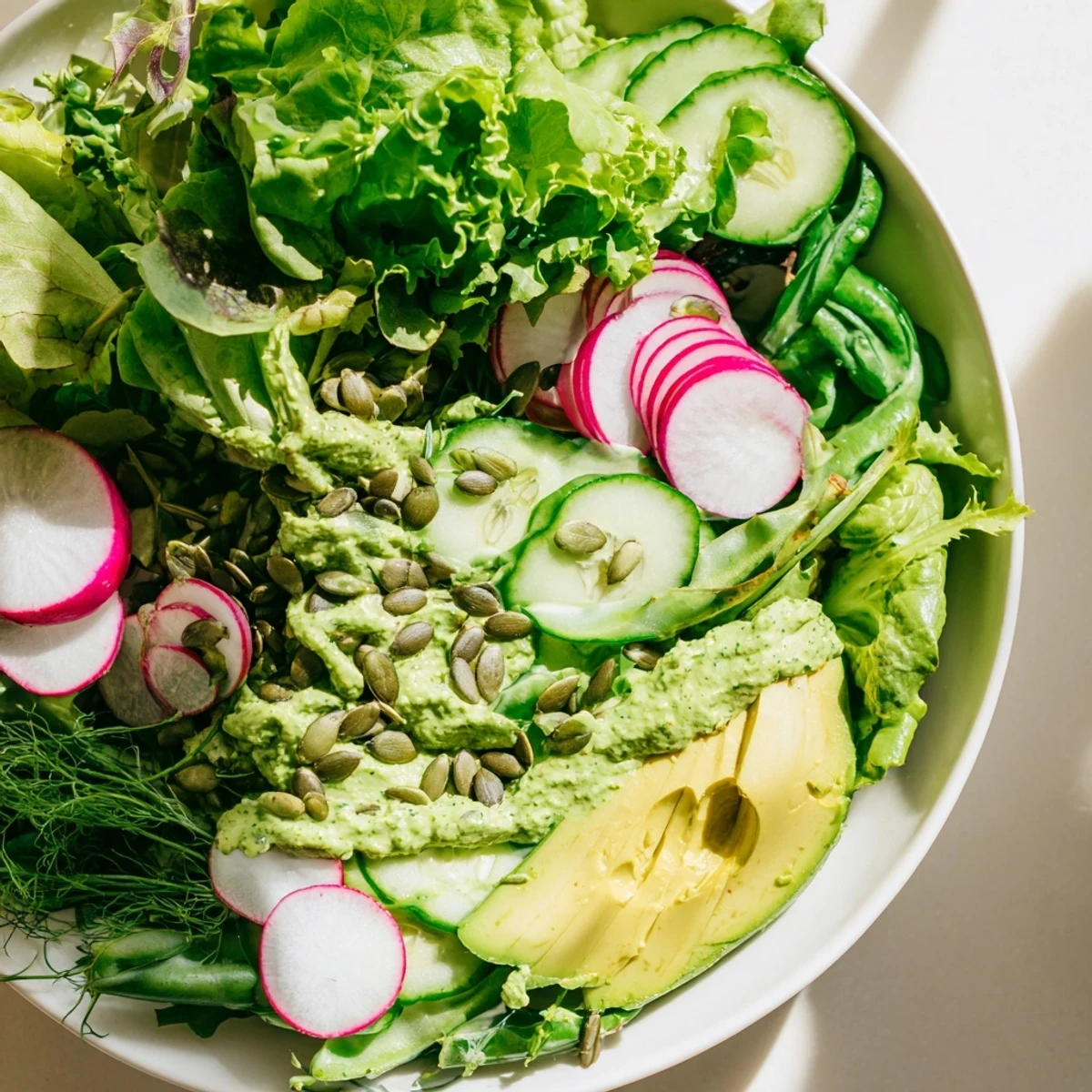 This Green Salad with Green Goddess Dressing combines crisp cucumbers and snap peas for a refreshing bite.