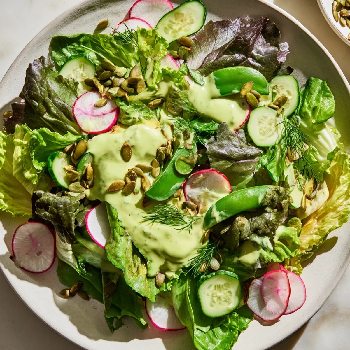 Served in a large bowl, the Green Salad with Green Goddess Dressing is perfect for a light lunch.