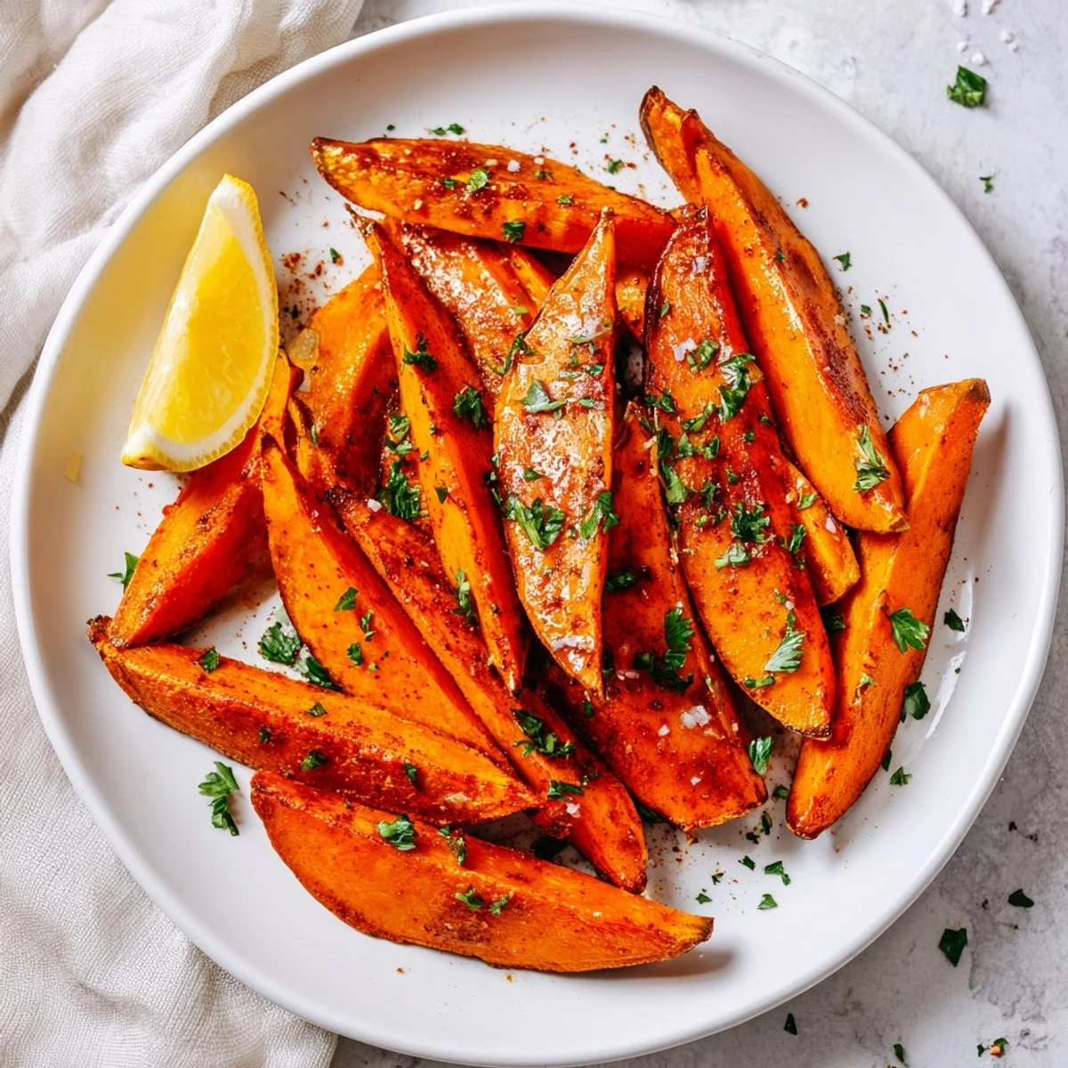Golden roasted sweet potato wedges with smoky paprika garnished with fresh parsley on a white plate.