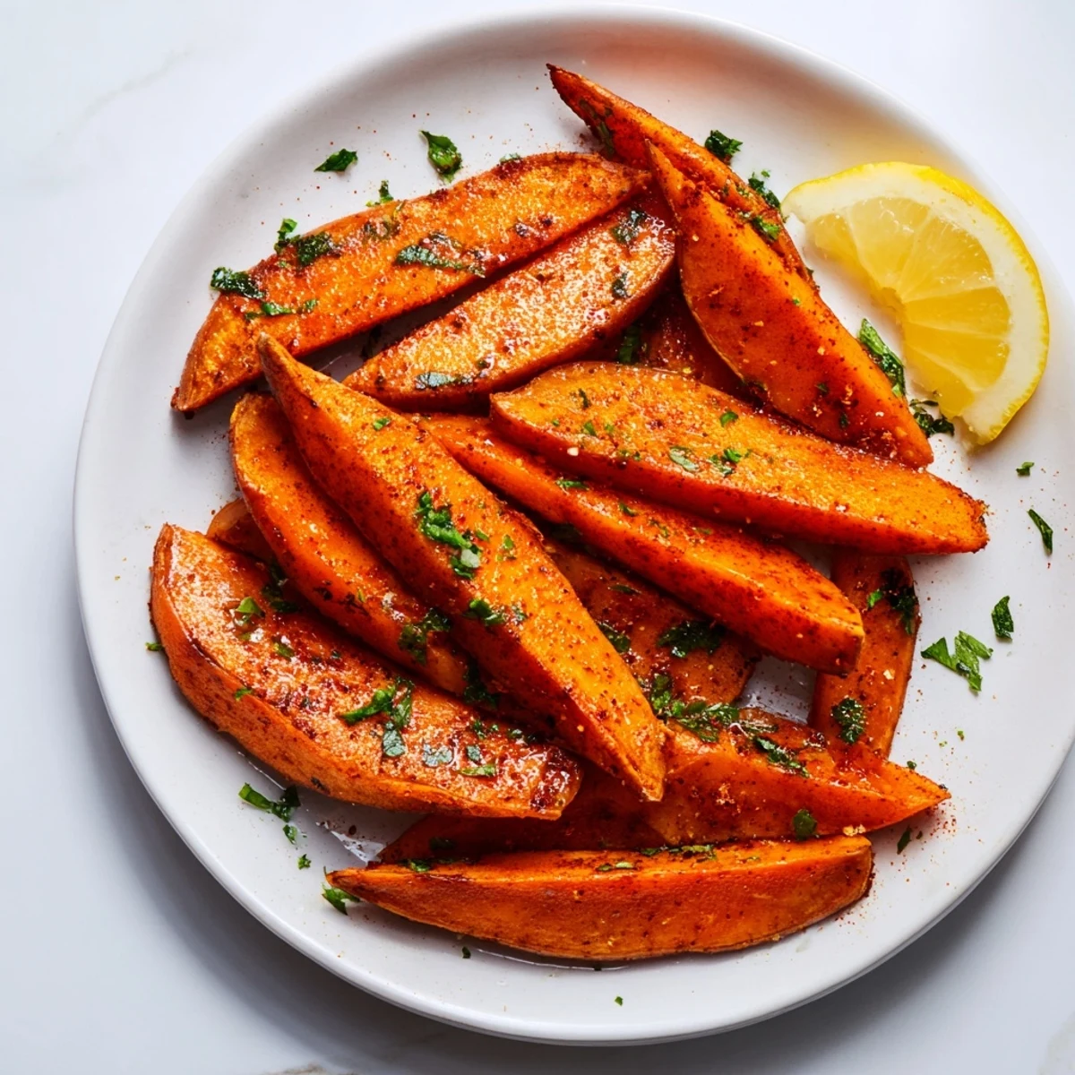 Crispy sweet potato wedges with paprika served alongside lemon wedges and a small dipping bowl.