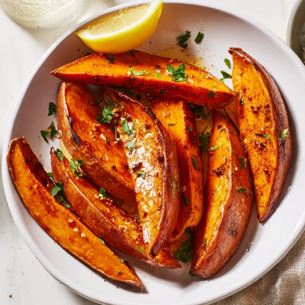 Close-up of seasoned sweet potato wedges with paprika highlighting their caramelized edges and tender centers.