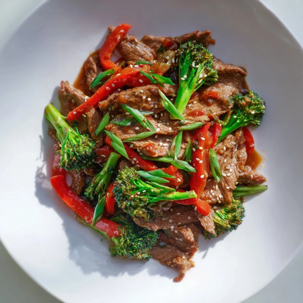 Vibrant Spicy Beef and Broccoli Stir Fry on a plate with tender beef strips and crisp broccoli florets.