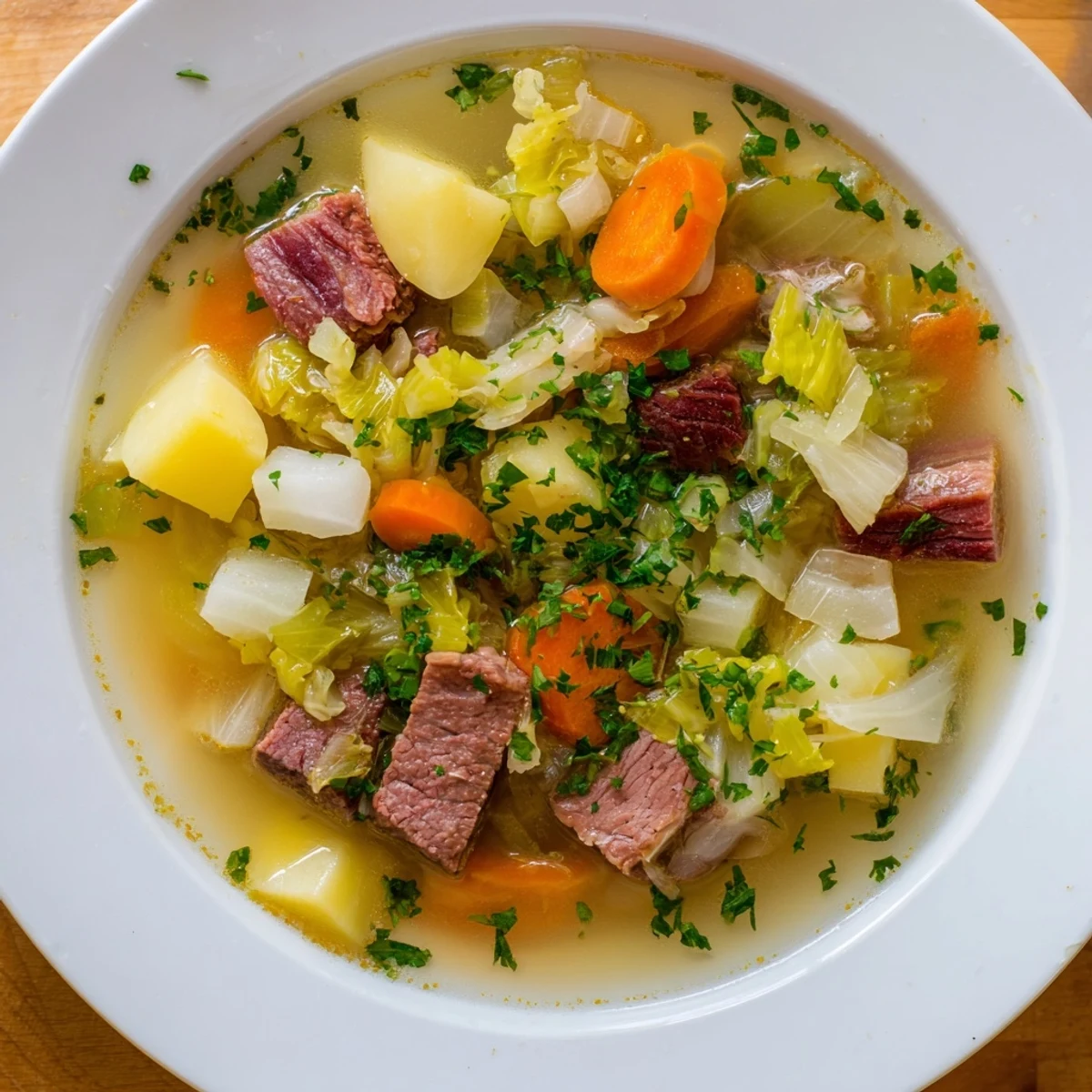 A warm bowl of Corned Beef and Cabbage Soup with tender beef chunks, carrots, and potatoes in a savory broth.