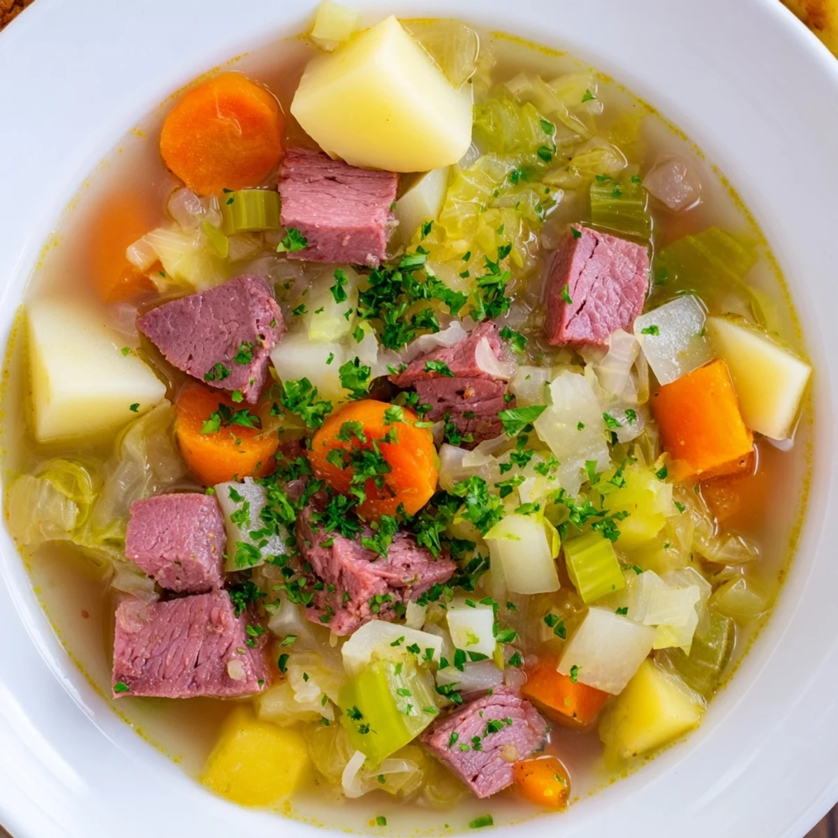 Comforting Corned Beef and Cabbage Soup served in a rustic mug, garnished with fresh parsley for a festive St. Patrick’s Day meal.