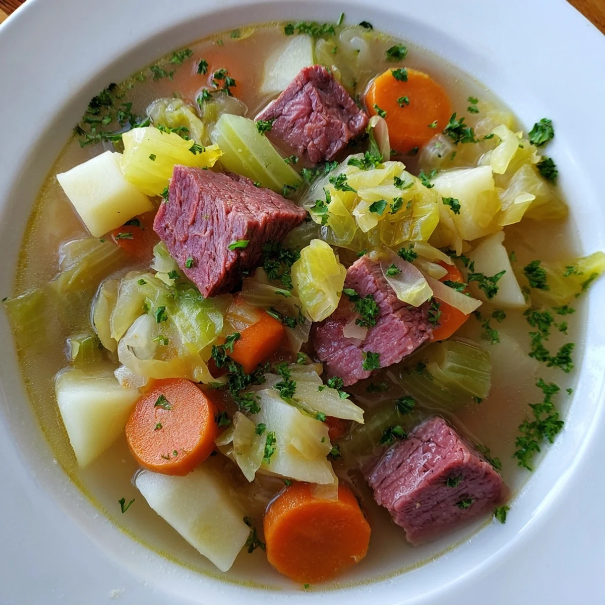 Steaming Corned Beef and Cabbage Soup featuring cabbage, celery, and carrots in a rich broth, ready to enjoy with crusty bread.