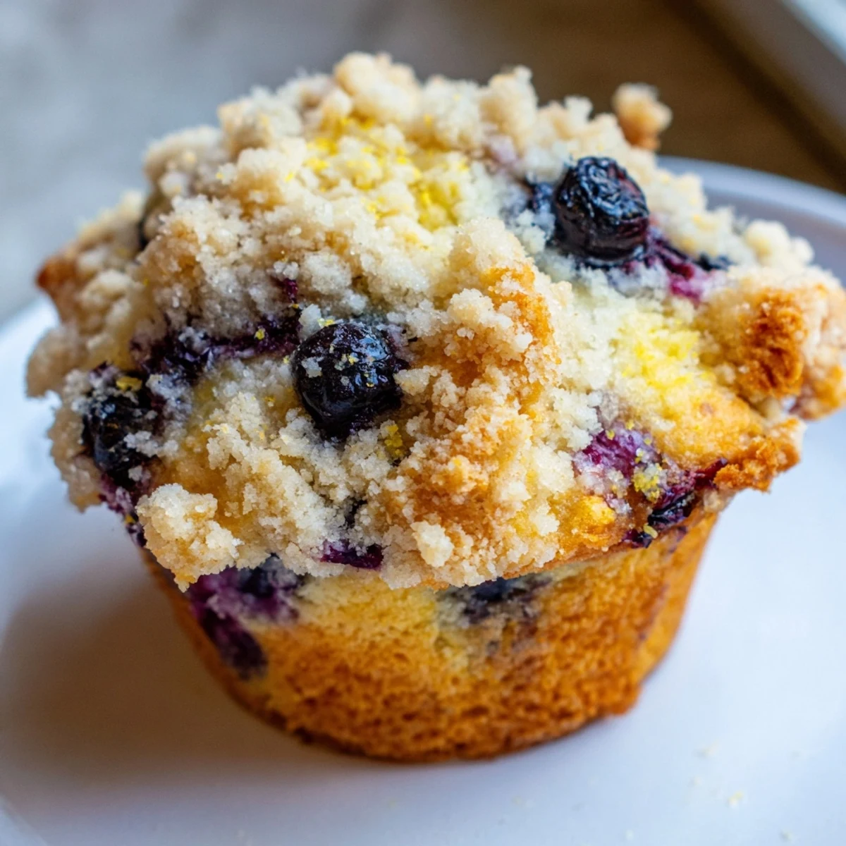 Close-up of a warm Lemon Blueberry Muffin with Streusel, featuring a golden crumb topping and bursting blueberries.