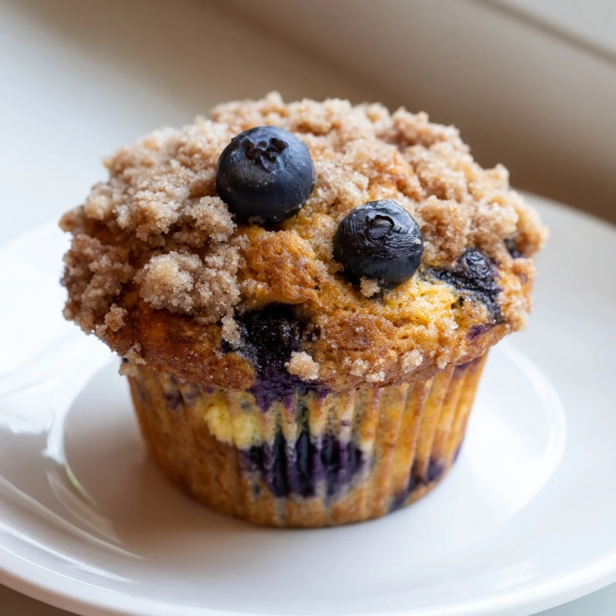 Freshly baked Lemon Blueberry Muffins with Streusel cooling on a wire rack, perfect for a sweet breakfast treat.