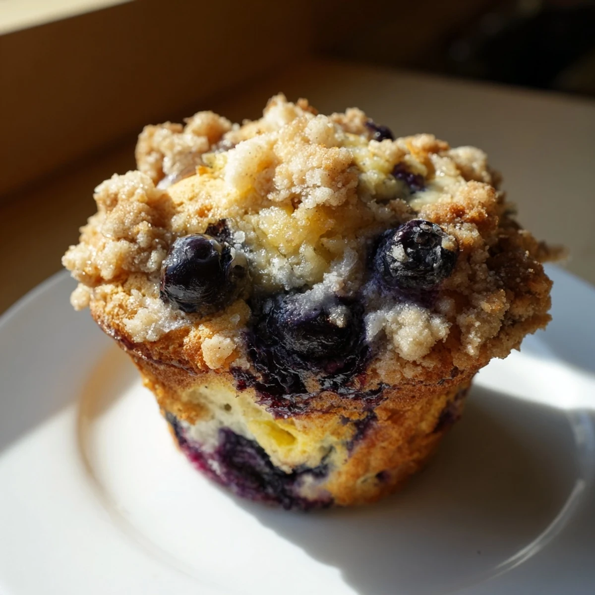 A batch of bakery-style Lemon Blueberry Muffins with Streusel served on a wooden board, showcasing moist interiors.