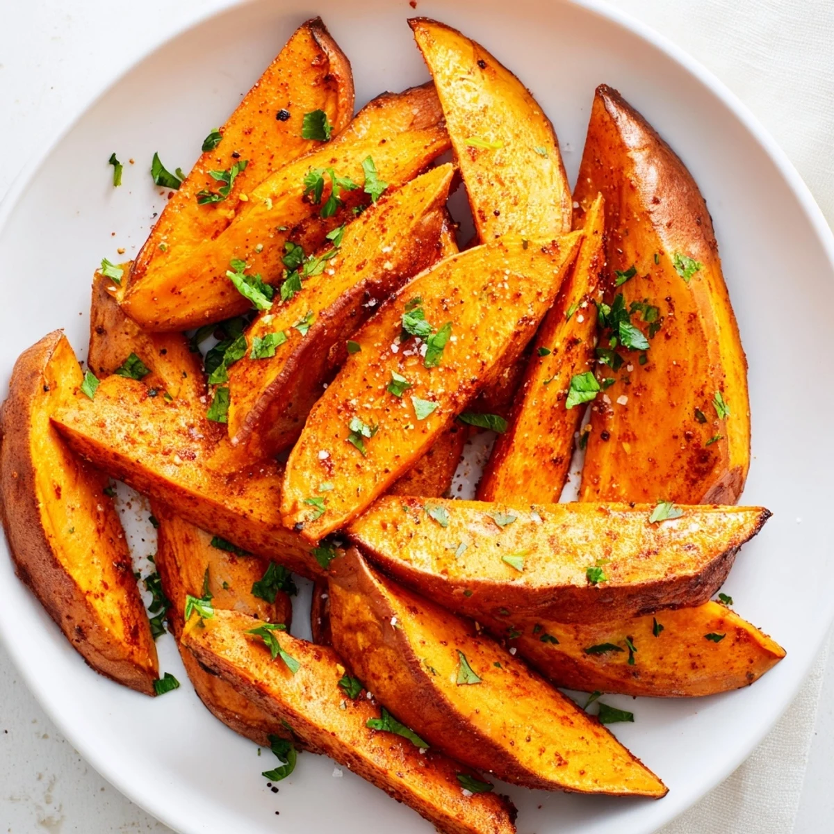 Golden roasted sweet potato wedges with smoked paprika glistening on a platter, garnished with fresh parsley.  