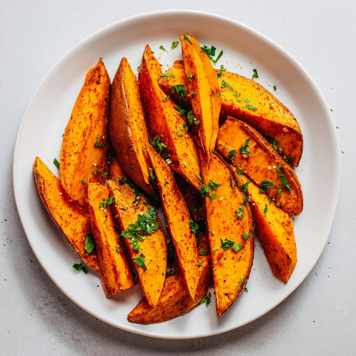 A close-up of crispy roasted sweet potato wedges with smoked paprika, served alongside a creamy dipping sauce.  