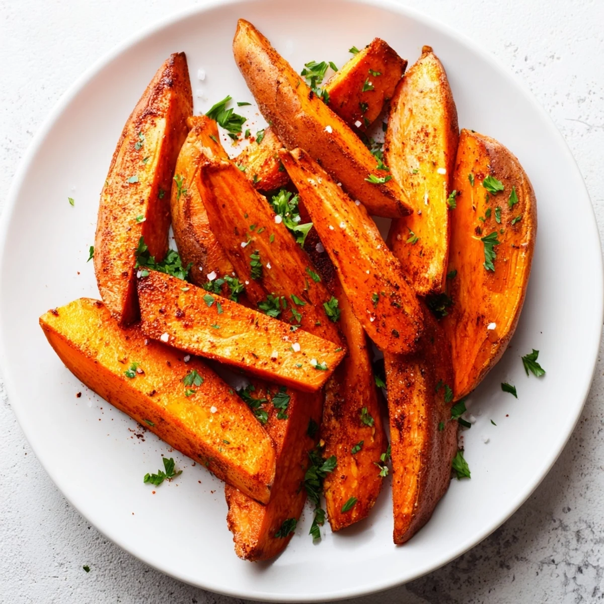 Roasted sweet potato wedges with smoked paprika steaming on a plate, ready to enjoy as a healthy snack.