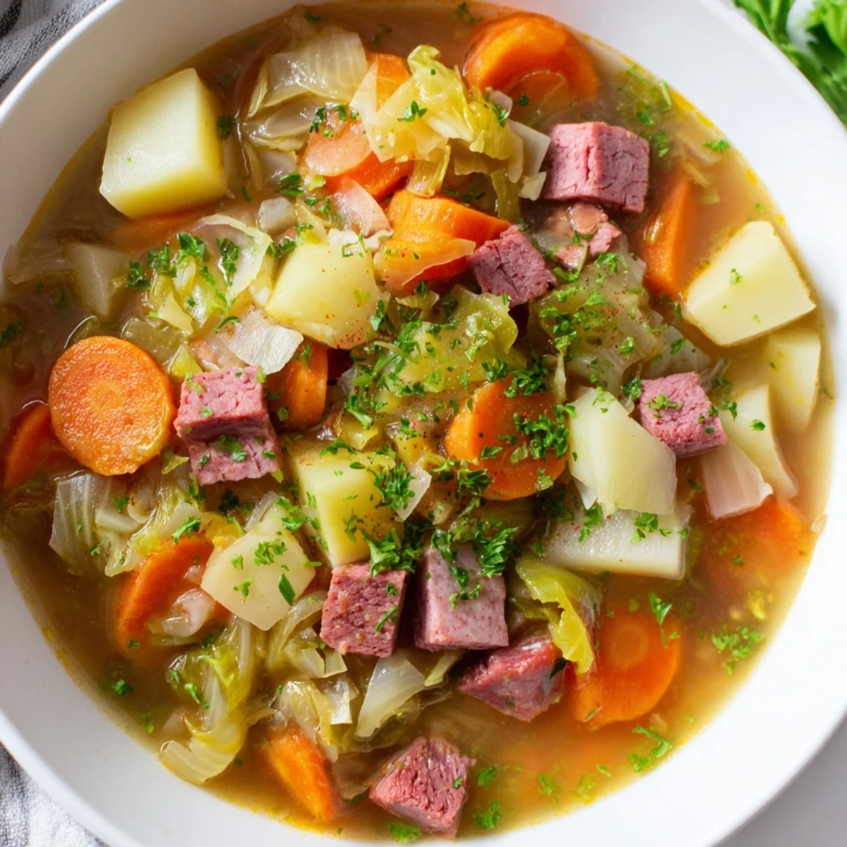 Steam rises from a comforting bowl of Corned Beef and Cabbage Soup with Potatoes, garnished with fresh parsley and carrots.