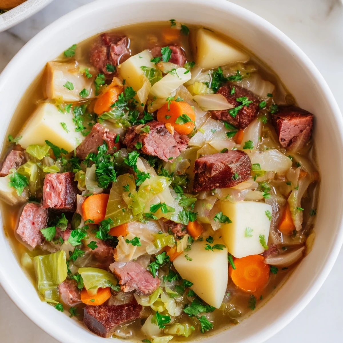 Hearty Corned Beef and Cabbage Soup with Potatoes served in a rustic mug, perfect for a St. Patrick's Day celebration.