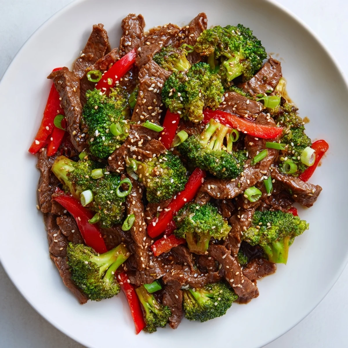 A close-up of the Spicy Beef and Broccoli Stir Fry garnished with sesame seeds and fresh cilantro over steamed rice.