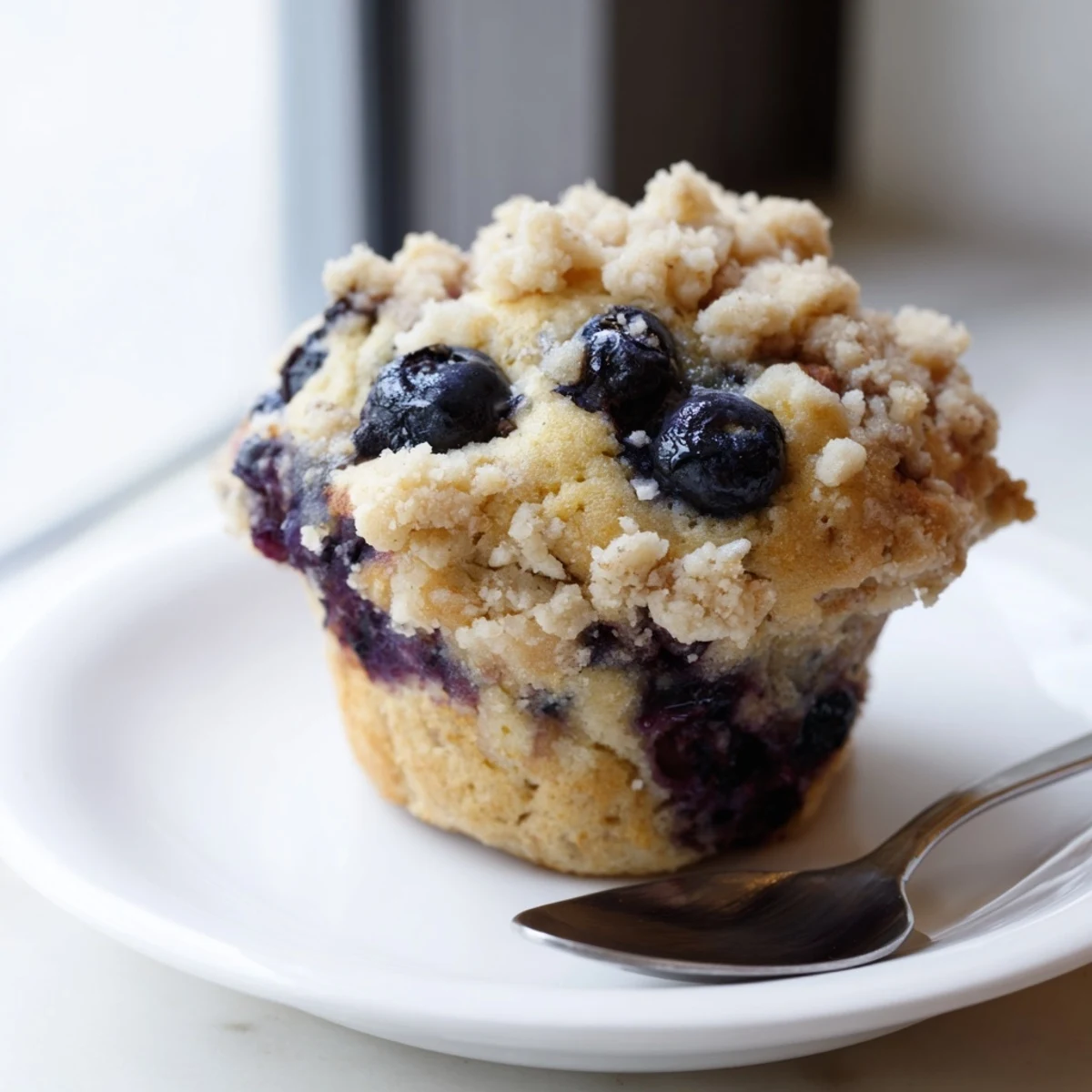 Close-up of freshly baked Lemon Blueberry Muffins with Streusel Topping on a cooling rack, showing juicy blueberries and a golden crumbly top.