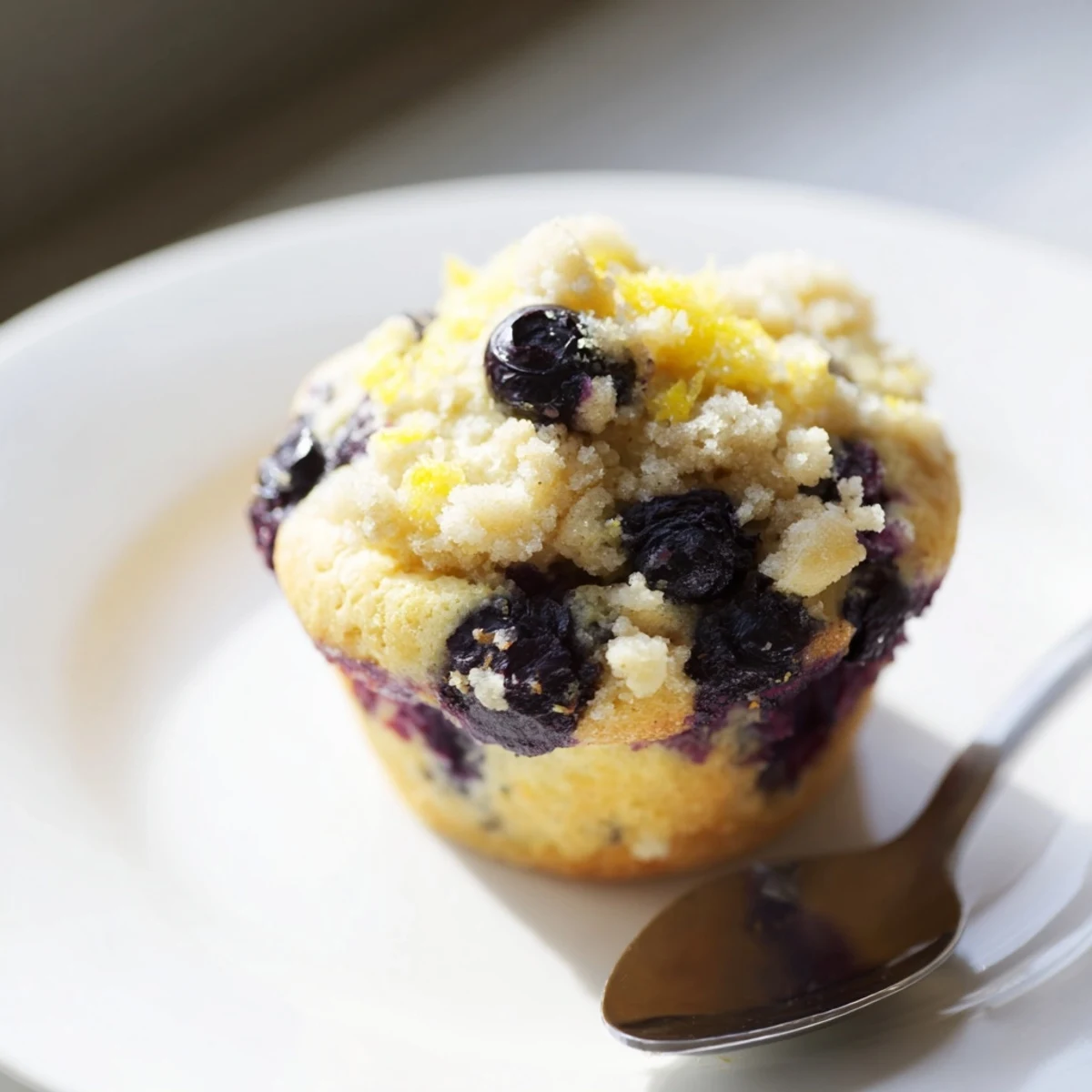 Golden Lemon Blueberry Muffins with Streusel Topping, moist and tender with fresh blueberries, displayed on a rustic wooden serving board.