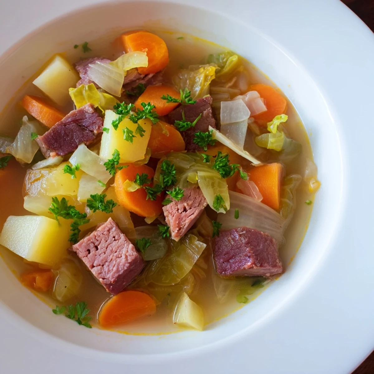 A steaming bowl of Corned Beef and Cabbage Soup with Potatoes garnished with fresh parsley.  