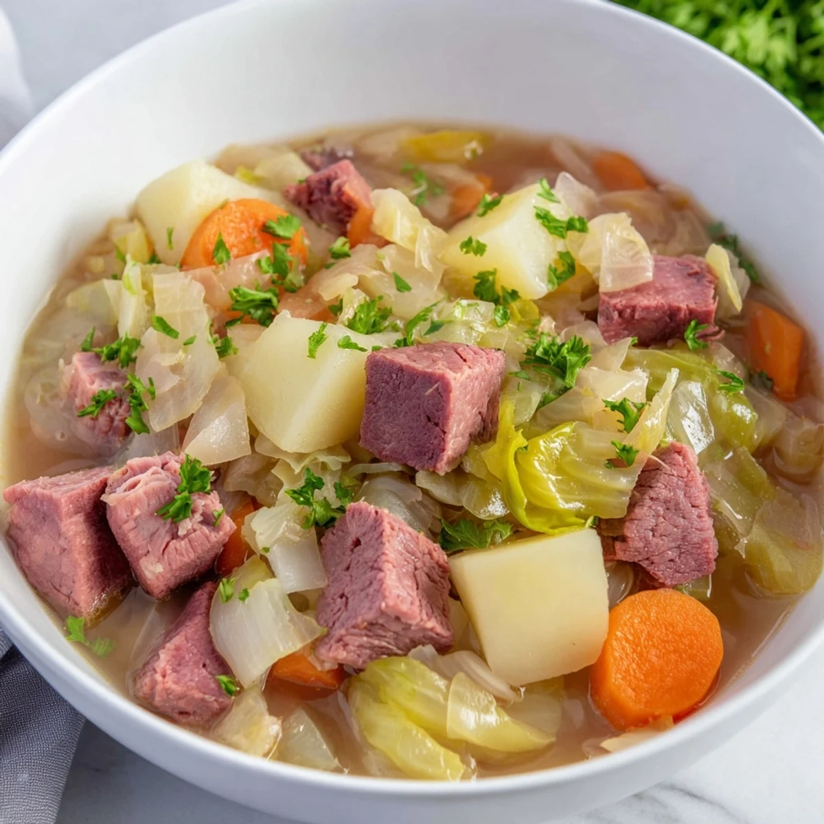 Hearty Corned Beef and Cabbage Soup with Potatoes served in a rustic mug for lunch.  
