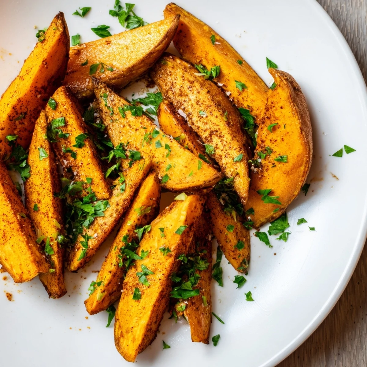 Golden-brown Roasted Sweet Potato Wedges with Smoked Paprika piled high on a rustic plate with fresh parsley garnish.