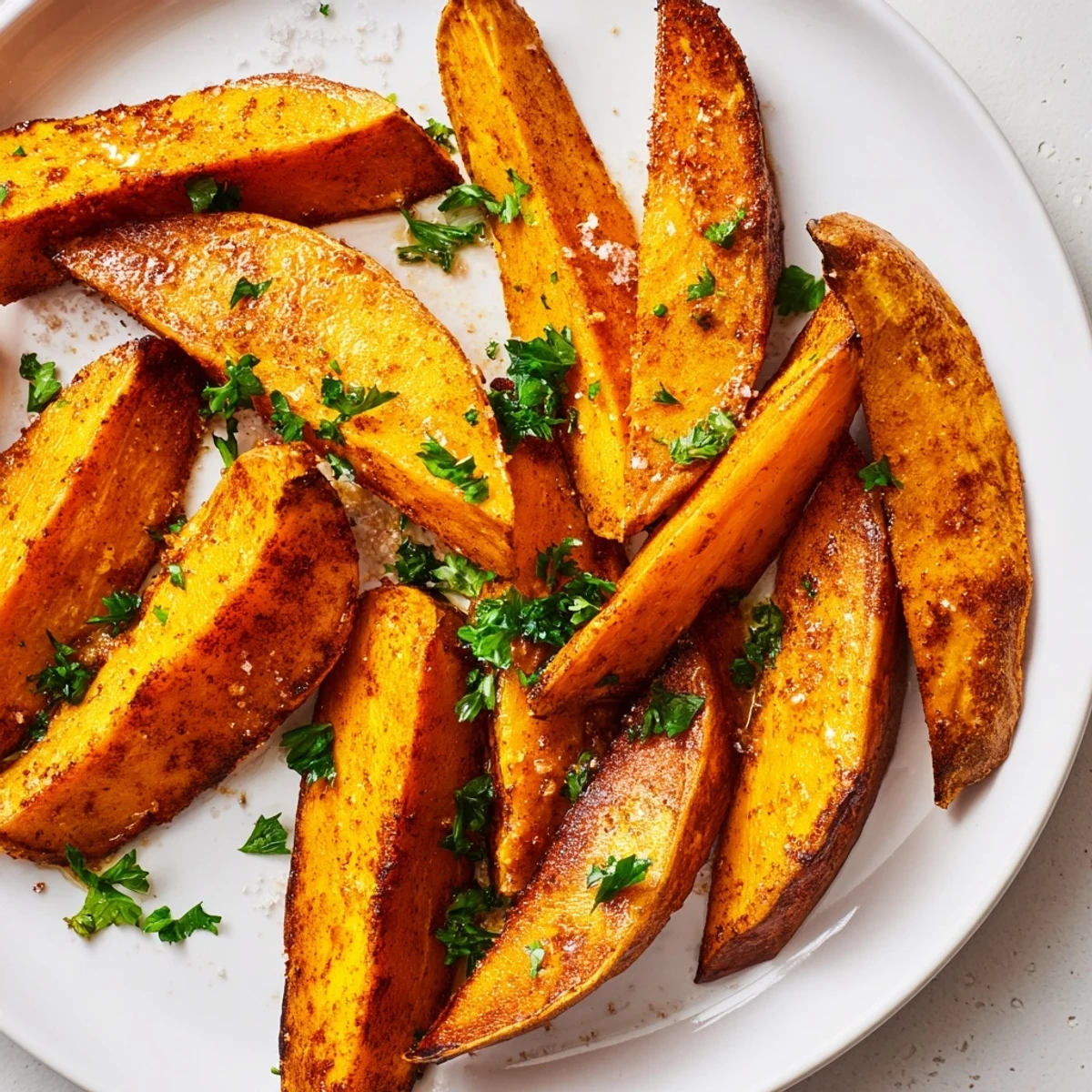 Crispy-edged Roasted Sweet Potato Wedges with Smoked Paprika served warm alongside a creamy yogurt dipping sauce.